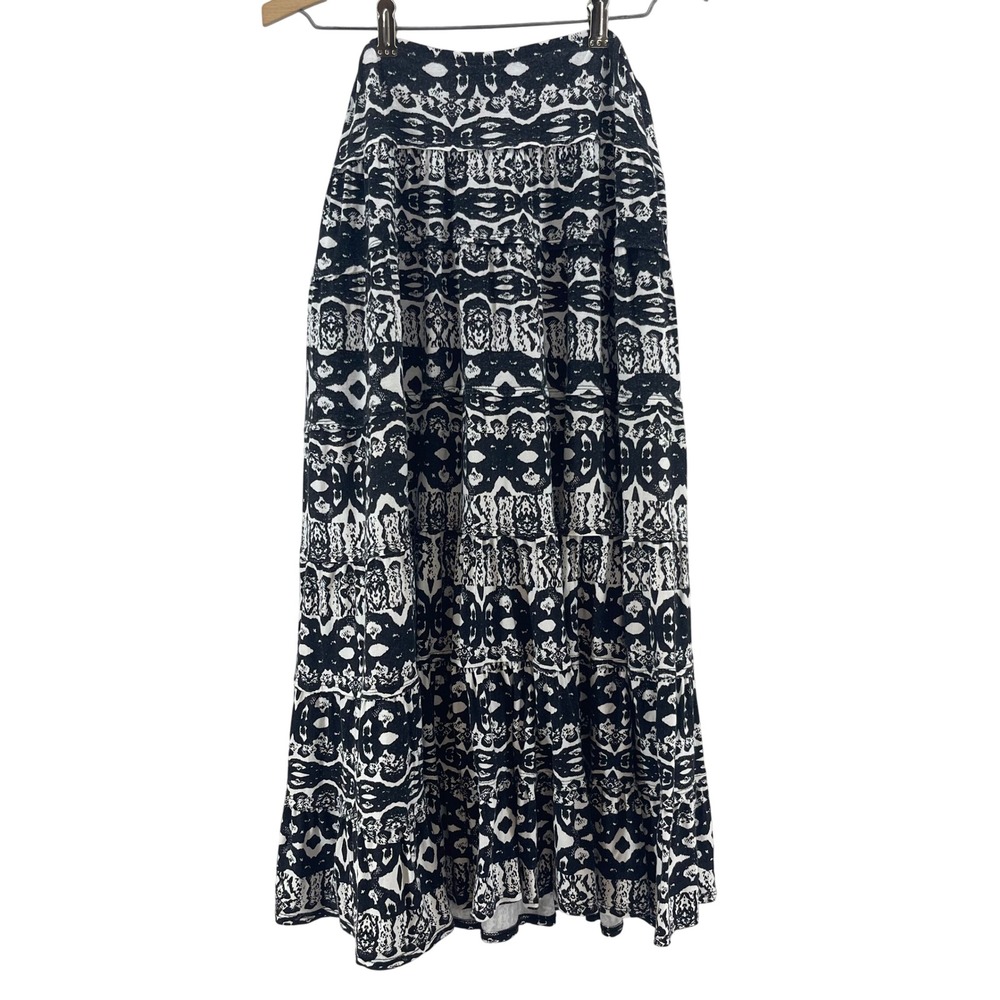 Flowy‎ Maxi Skirt Women XL Black White Abstract Boho Euro Summer Coastal Cowgirl
